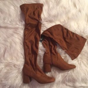 over the knee caramel block heel faux suede boots